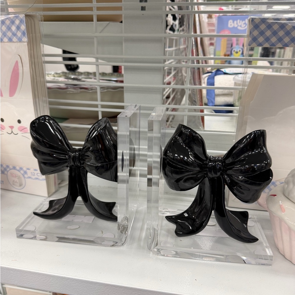 Glossy Black Bow Bookends - Decorative Pair